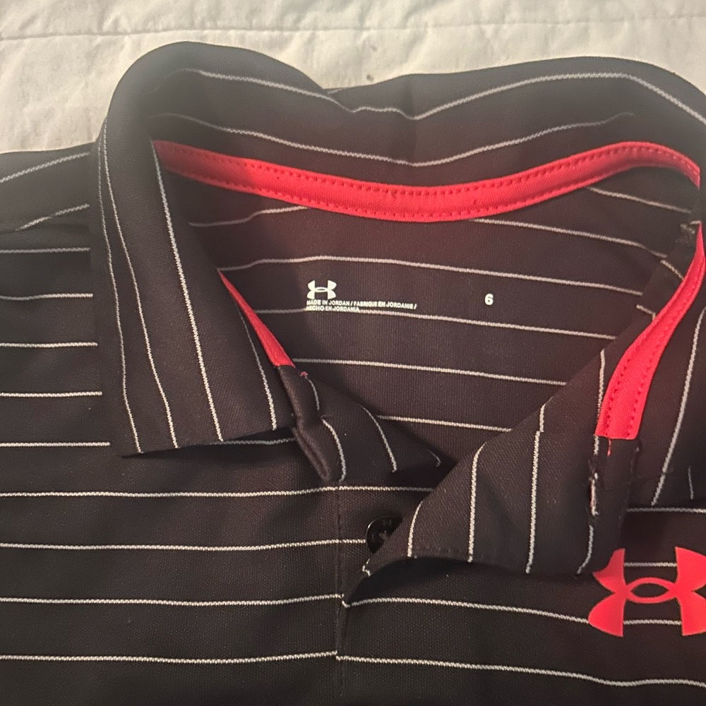 Under Armour Black Polo with White Stripes and Red Logo - Picture 2 of 2